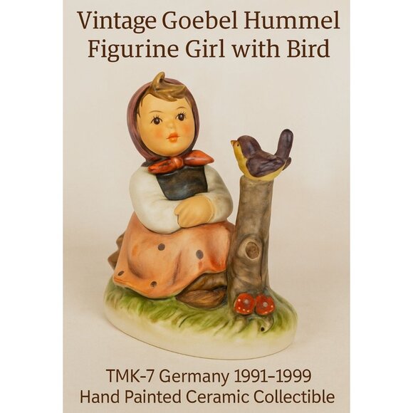 Vintage Goebel Hummel Figurine Girl with Bird TMK-7 Germany 1991–1999 Hand Pain - Picture 2 of 7